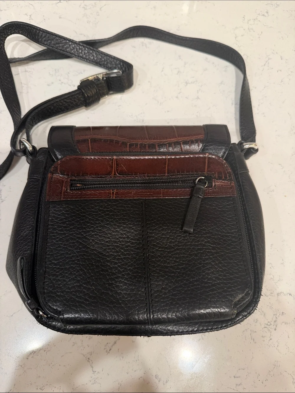Vintage 90s Brighton Brown and Black Leather Crossbody with Brown Croc-Embossed - Picture 4 of 12